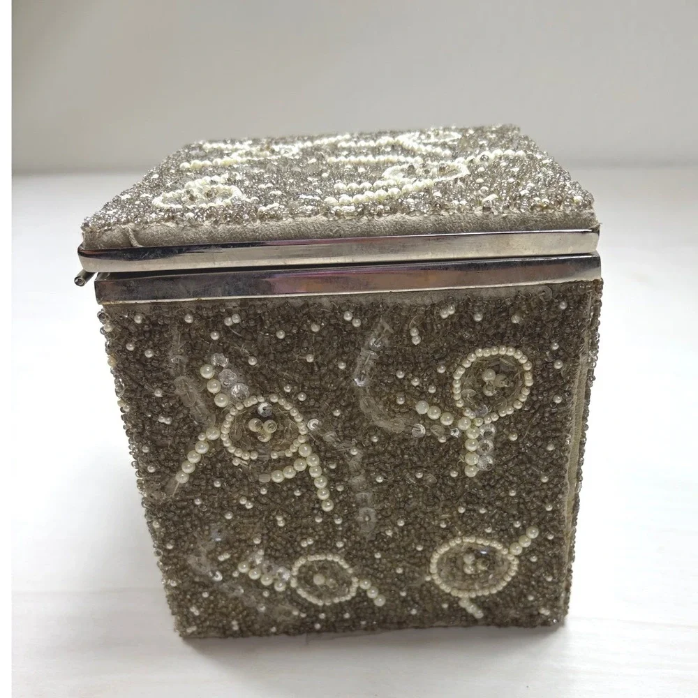 Target 2005 Vintage Style Beaded Jewelry Box Champagne Pearl Sequin Tassel 4x4